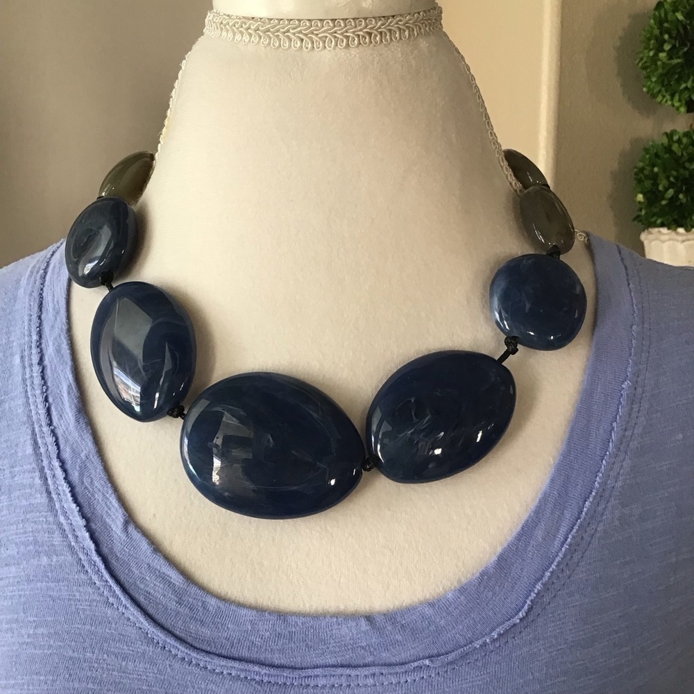 Blue River Stone Look Statement Necklace Blue Gray Flat Beads Black Cord NEW